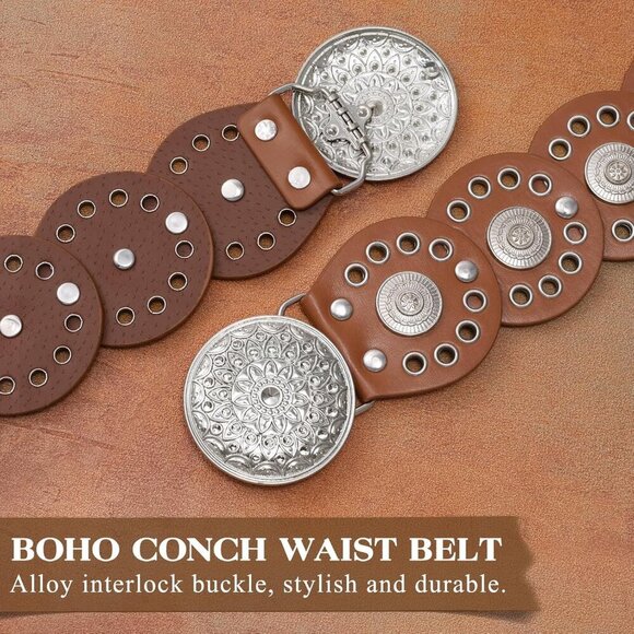 Women Vintage Disc Waist Concho Leather Belt Boho Waist Belt Brown Silver Buckle main image 6